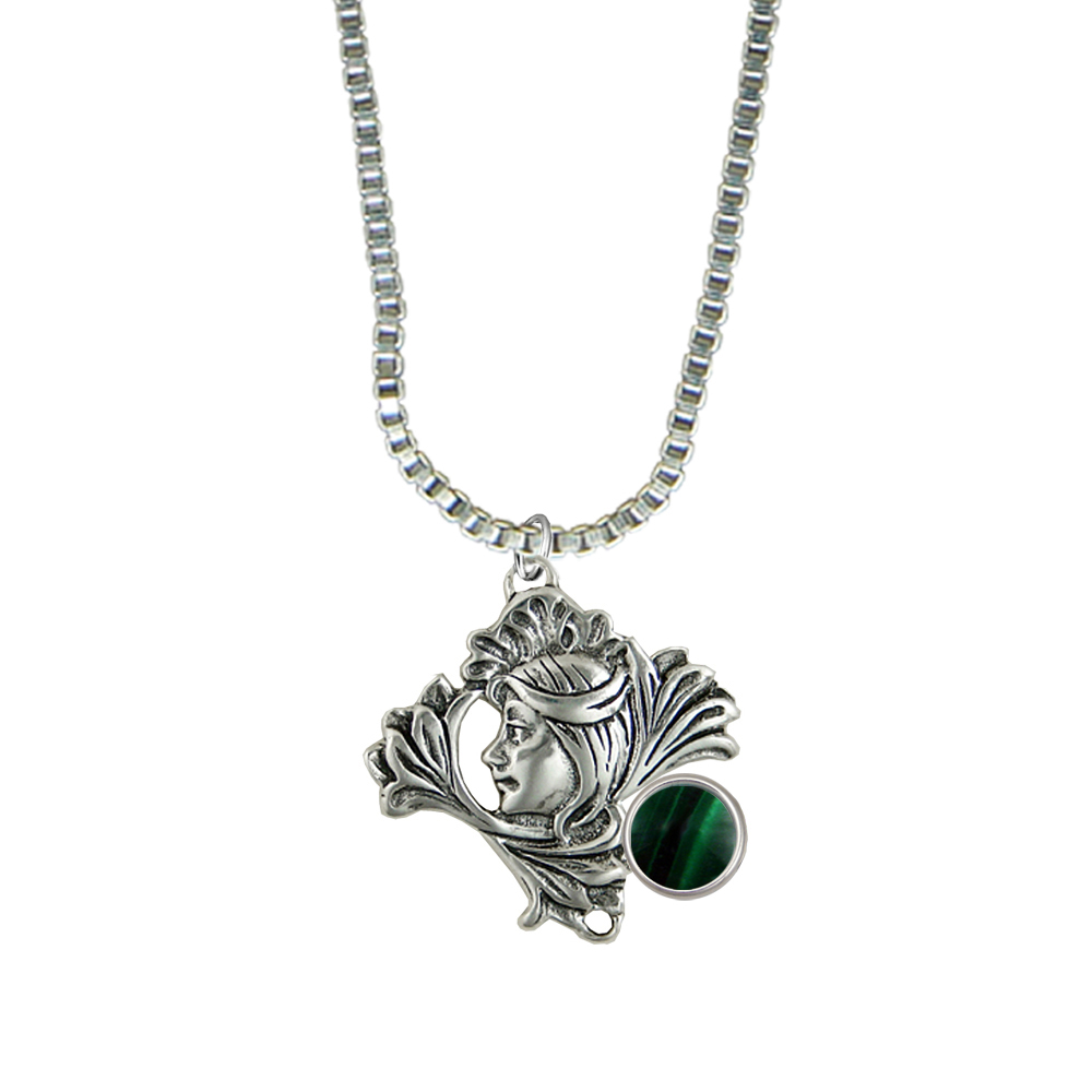 Sterling Silver Woman Maiden of the Lotus Flower Pendant Necklace With Malachite